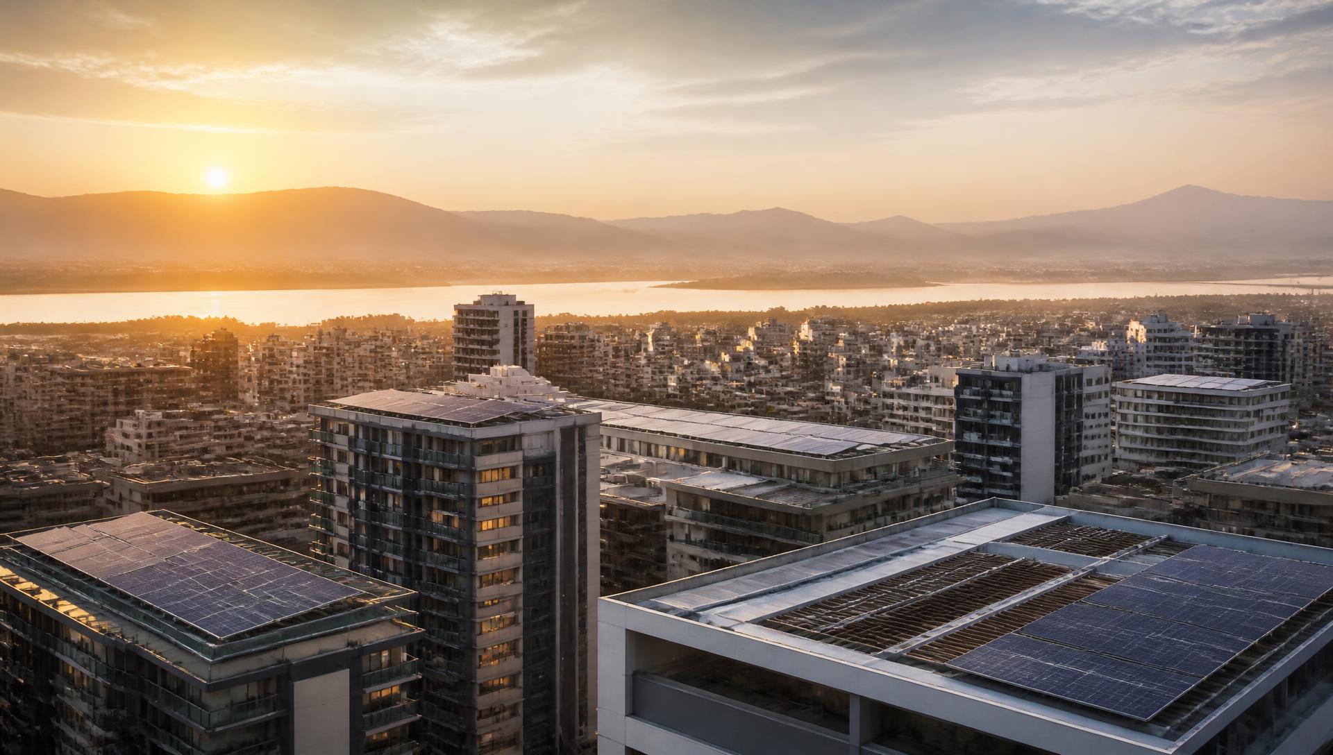 Modern city at dawn with rooftop solar across the buildings and a river landscape beyond