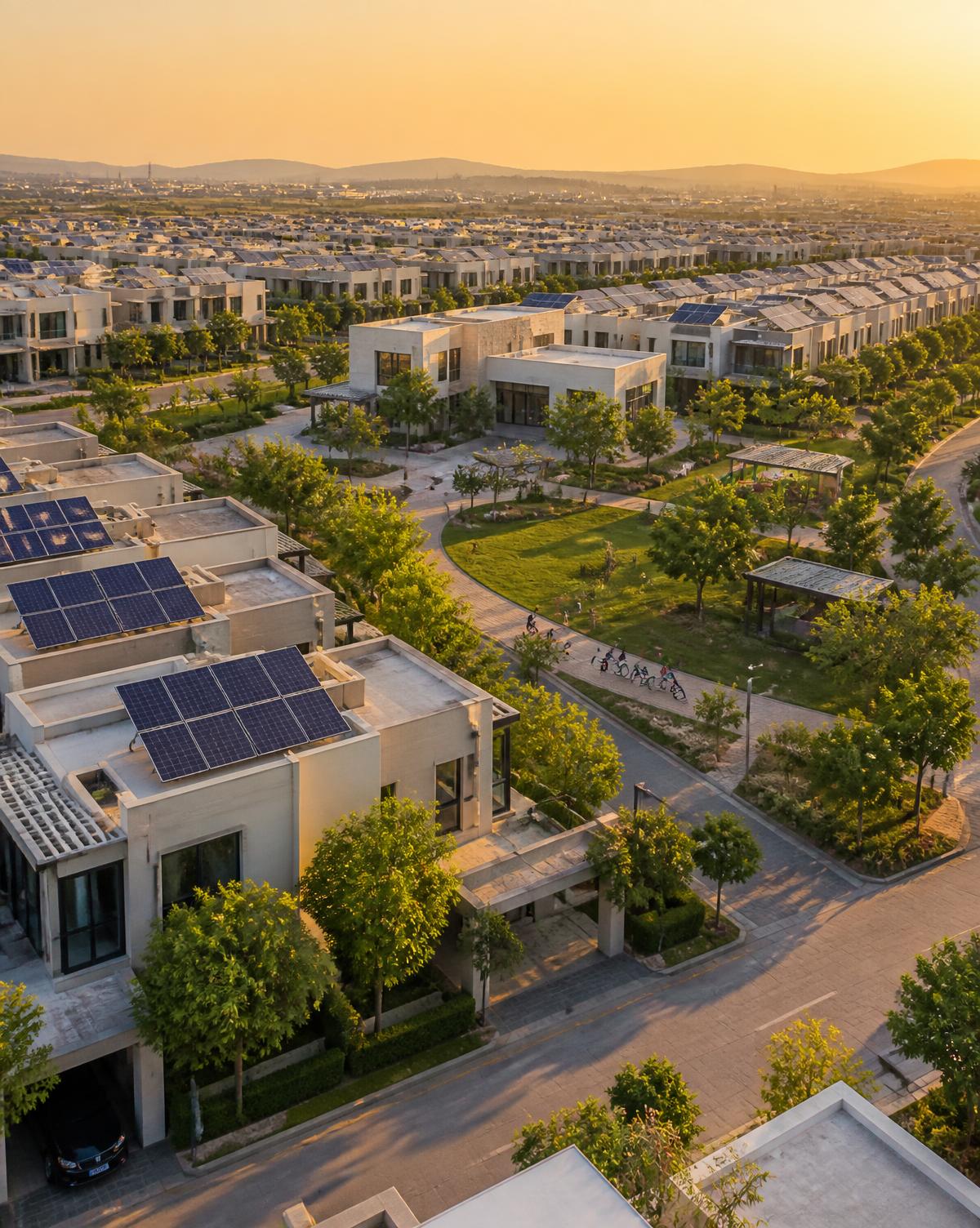 Master-planned residential community at golden hour with solar across the rooftops