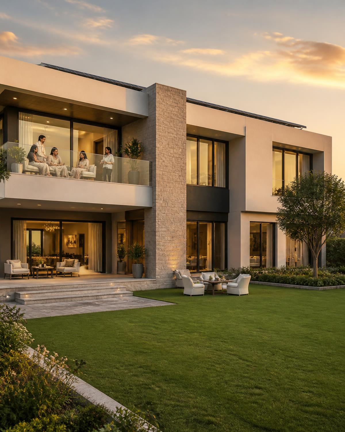 Contemporary luxury residence at golden hour with rooftop solar set behind the parapet